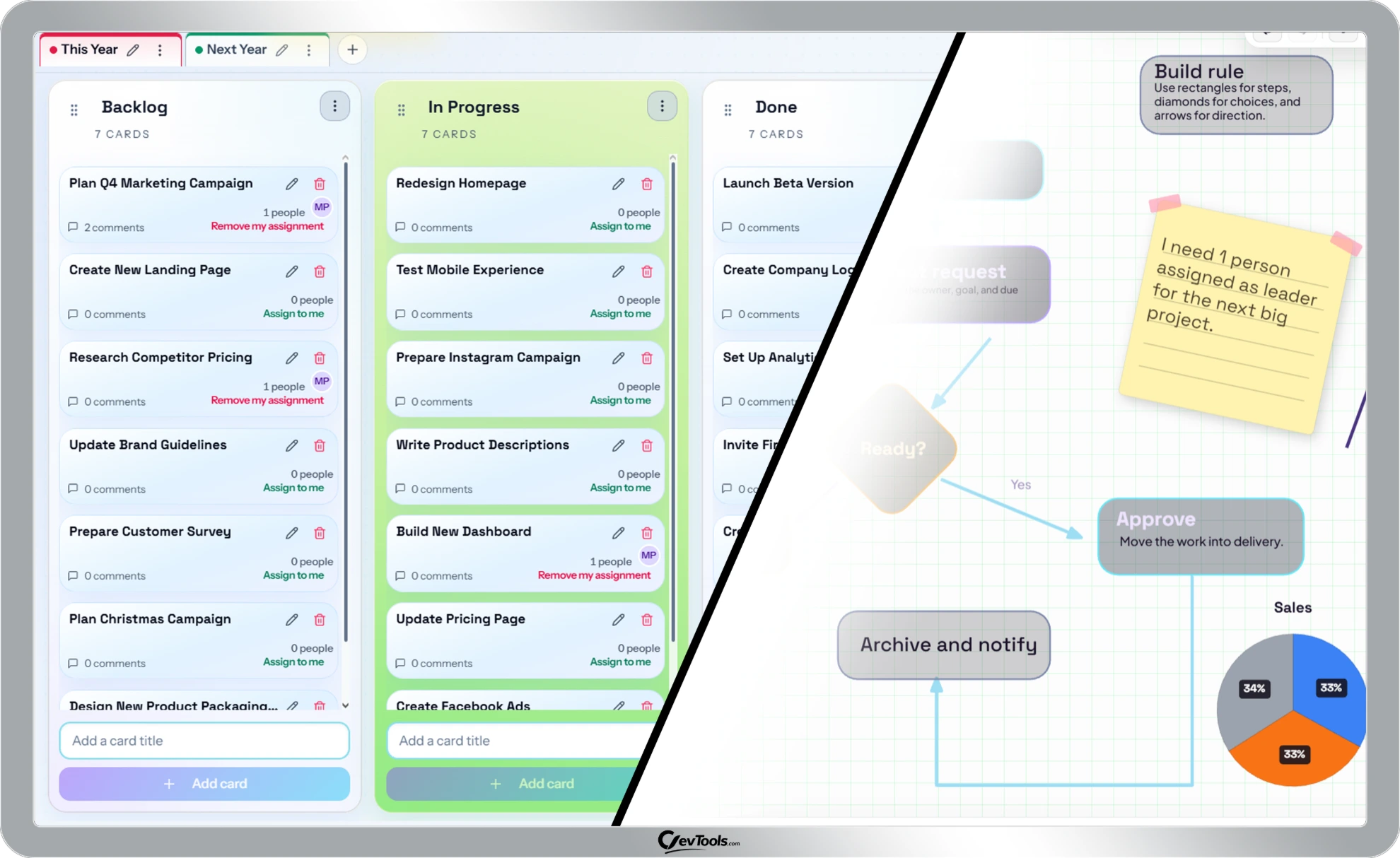 ClevTools workspace preview with planner boards and Drawsy diagrams
